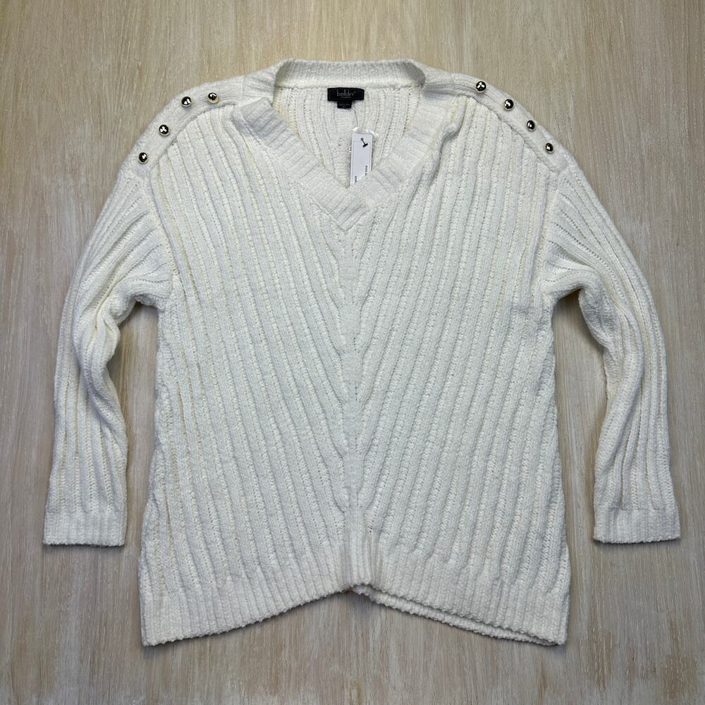 NWT Belldini Winter White Gold Accent V Neck Pullover Rib Knit Sweater Plus 3X